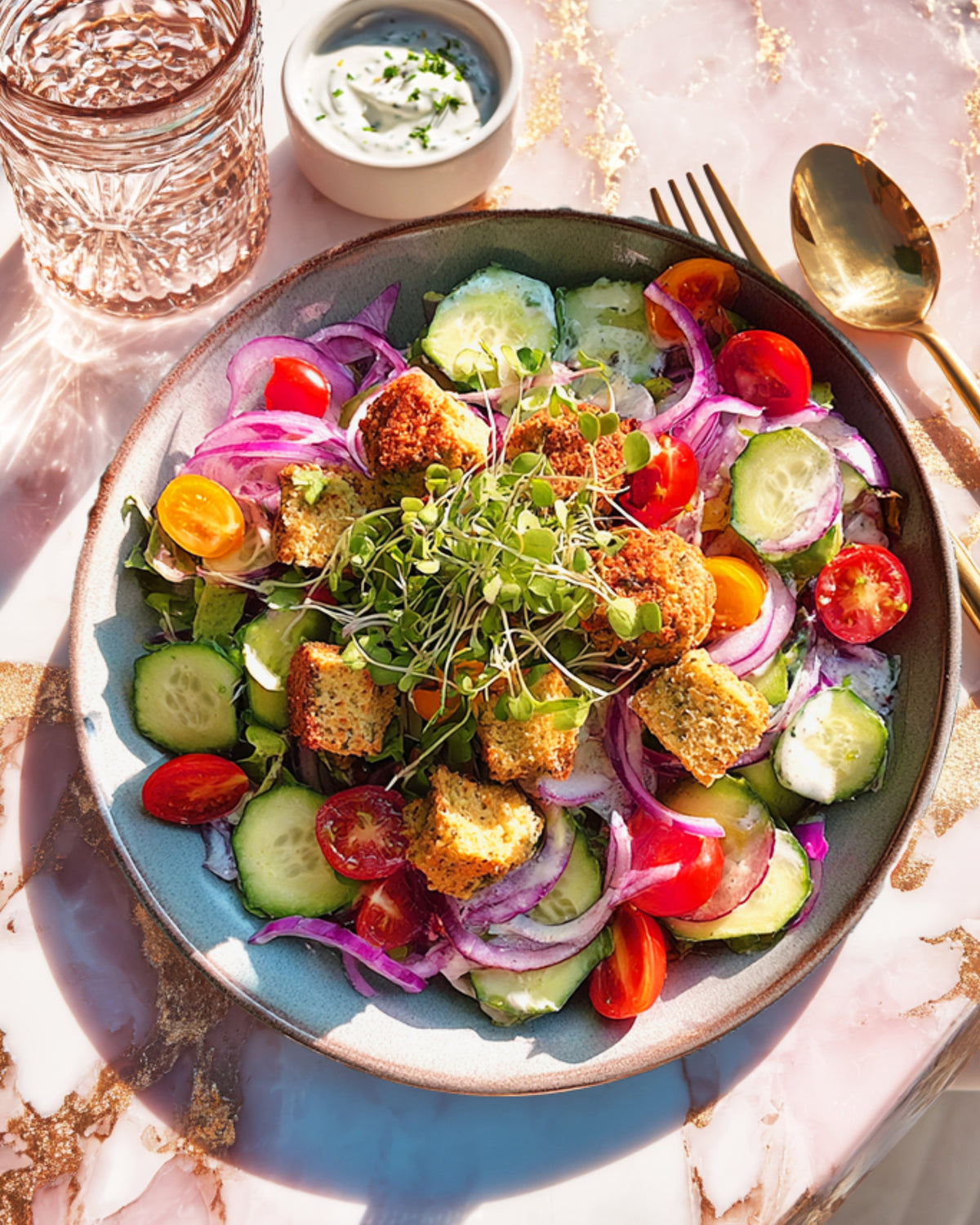 fabulous fabalish falafel garden salad with vegan tzatziki