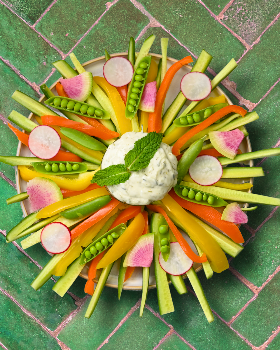 Copy - Fresh Spring Veggie Board with Snap Peas, Radishes, Cucumber, Bell Pepper & Creamy Tzatziki D