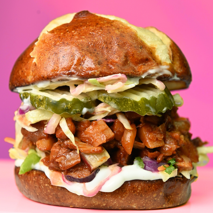 BBQ Jackfruit Sandwich with Fabalish Slaw on Pretzel Buns