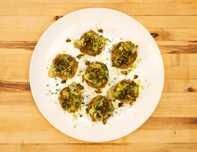 Vegan Spinach Artichoke Potatoes with Crispy Capers